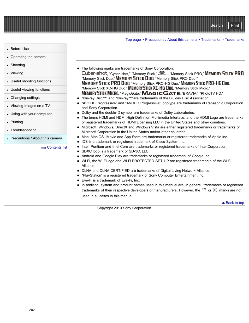Trademarks, Cyber-shot user guide | Sony DSC-HX50V User Manual | Page 289 / 289