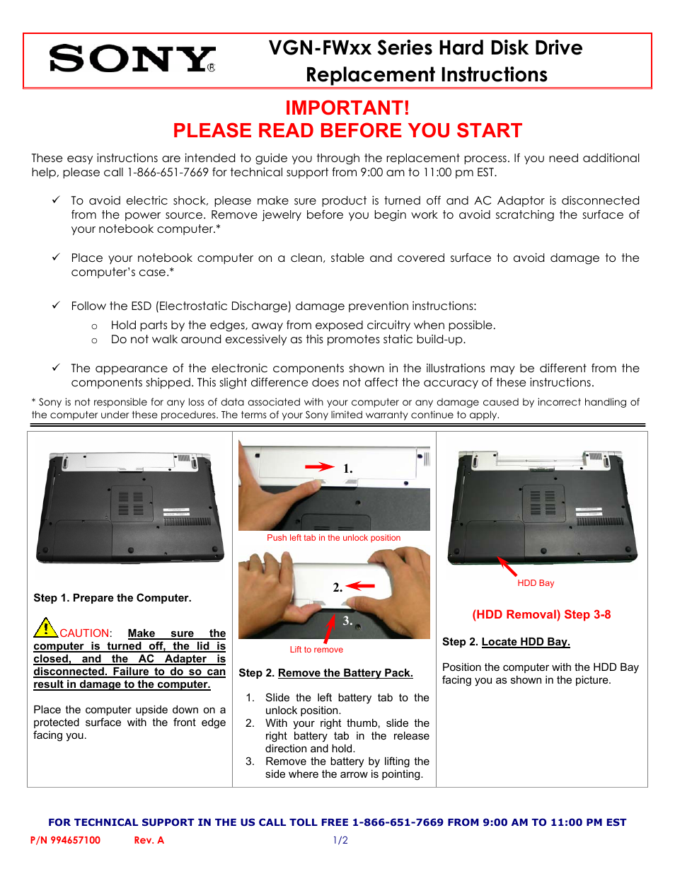 Sony VGN-FWxx Series Hard Disk Drive (Replacement Instructions) User Manual | 2 pages