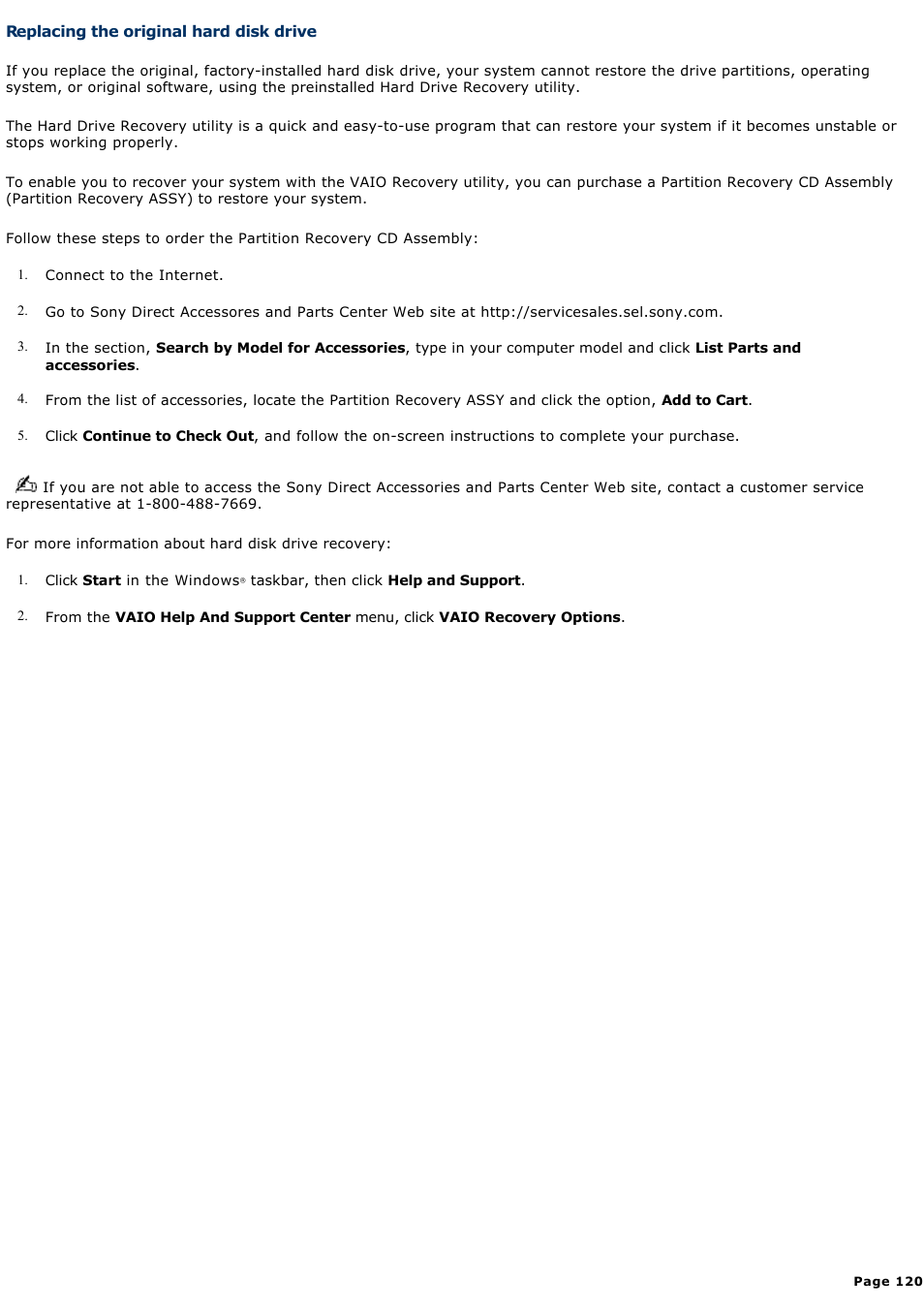 Replacing the original hard disk drive | Sony PCV-RS321 User Manual | Page 120 / 161