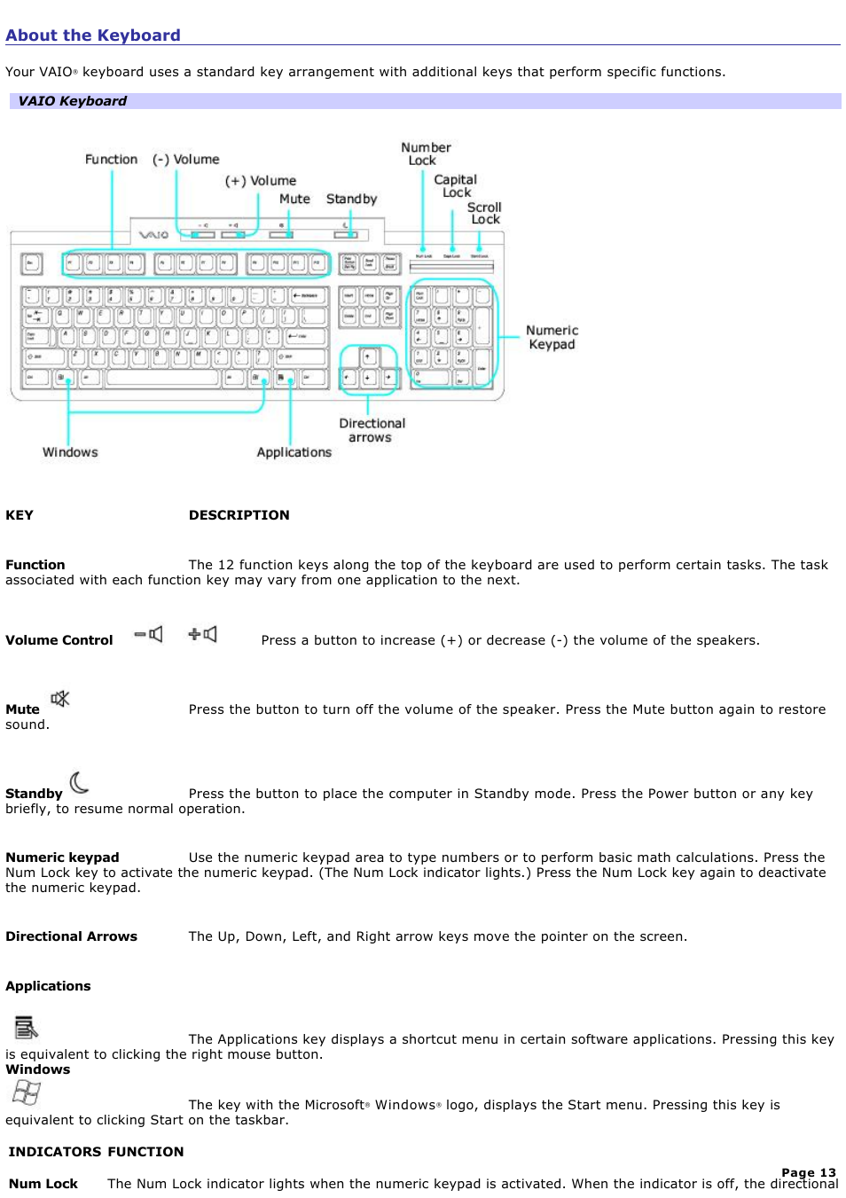 About the keyboard | Sony PCV-RS321 User Manual | Page 13 / 161