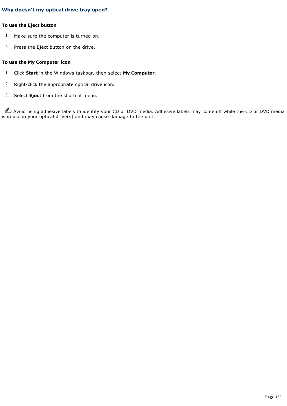 Why doesn't my optical drive tray open | Sony PCV-RS321 User Manual | Page 133 / 161