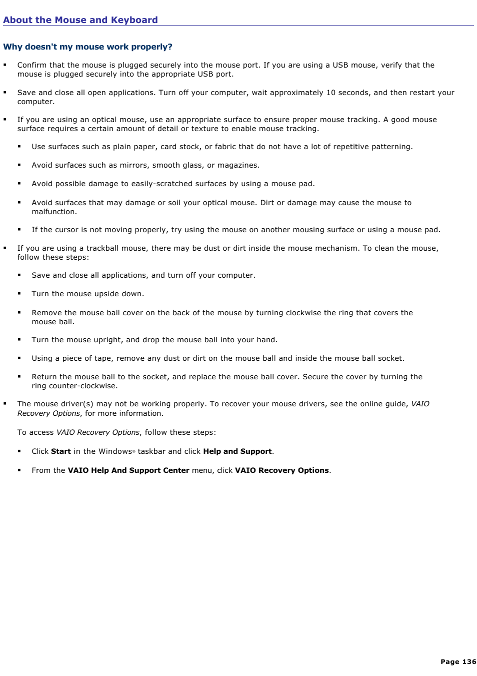 About the mouse and keyboard | Sony PCV-RS321 User Manual | Page 136 / 161