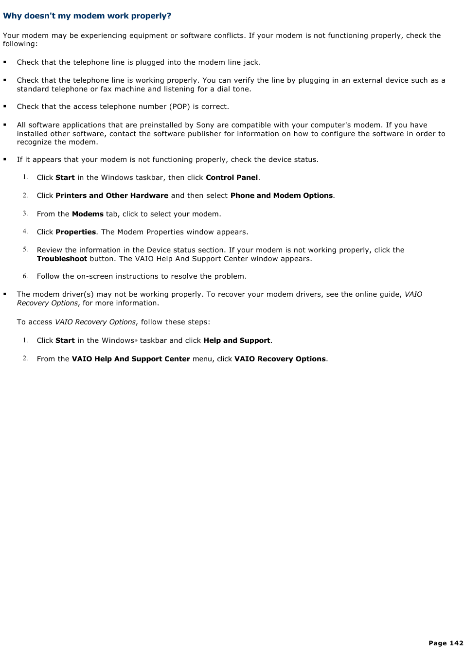 Why doesn't my modem work properly | Sony PCV-RS321 User Manual | Page 142 / 161