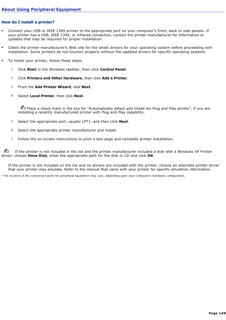 About using peripheral equipment | Sony PCV-RS321 User Manual | Page 149 / 161