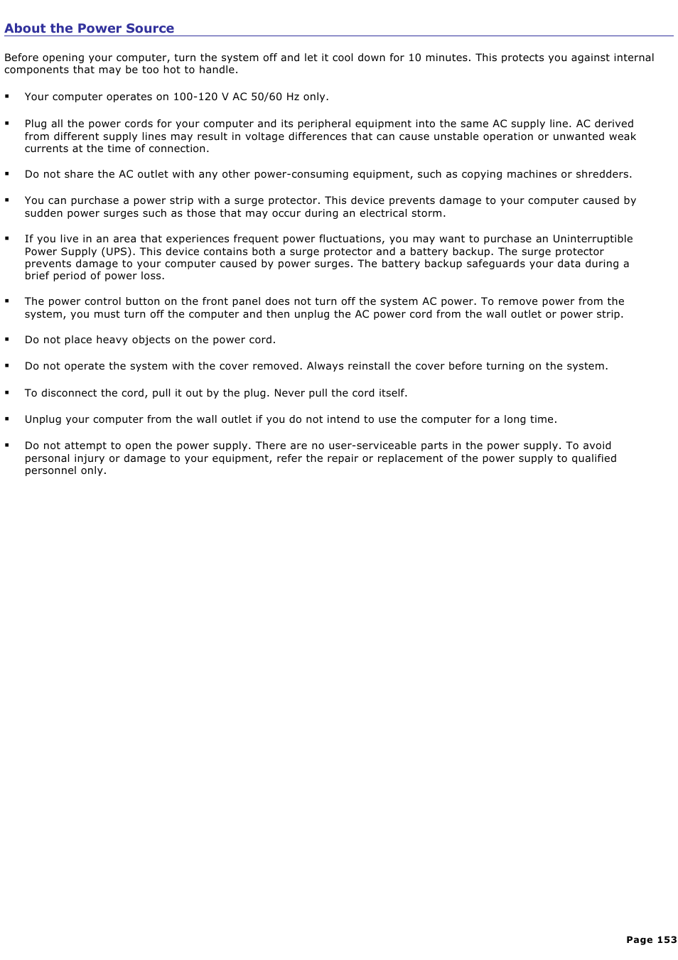 About the power source | Sony PCV-RS321 User Manual | Page 153 / 161