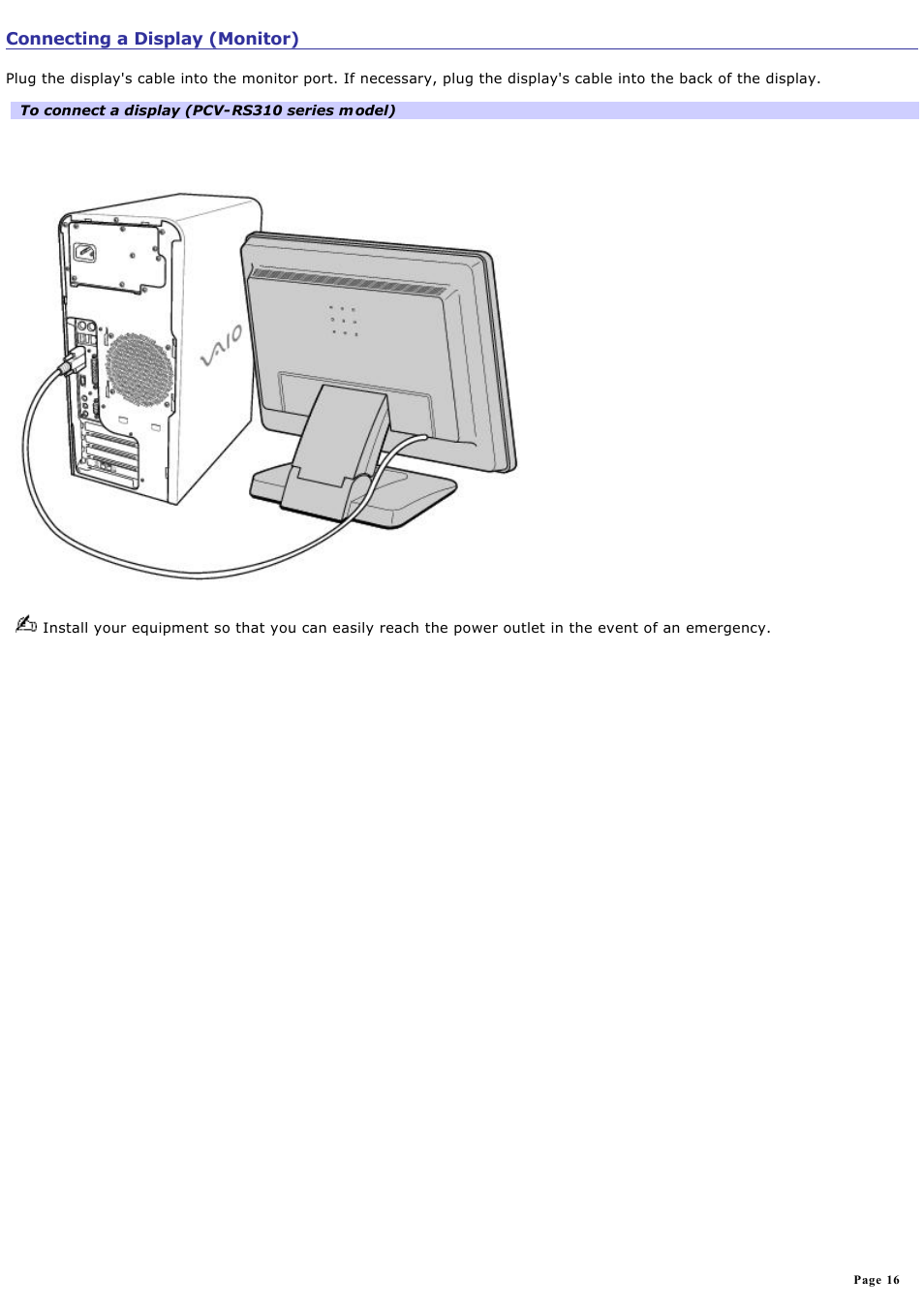 Connecting a display (monitor) | Sony PCV-RS321 User Manual | Page 16 / 161