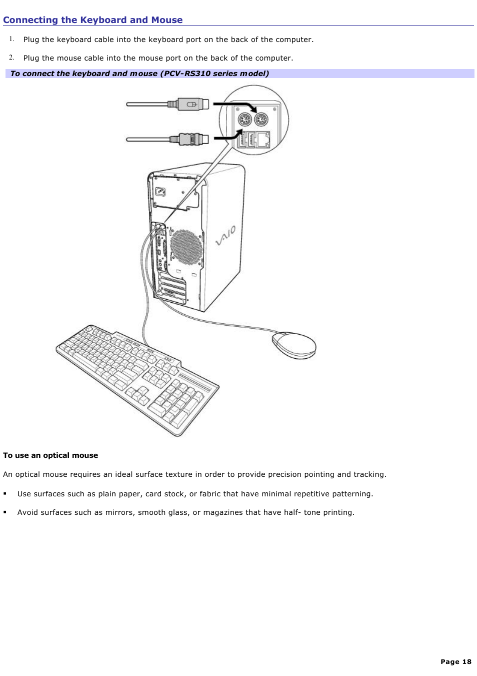 Connecting the keyboard and mouse | Sony PCV-RS321 User Manual | Page 18 / 161