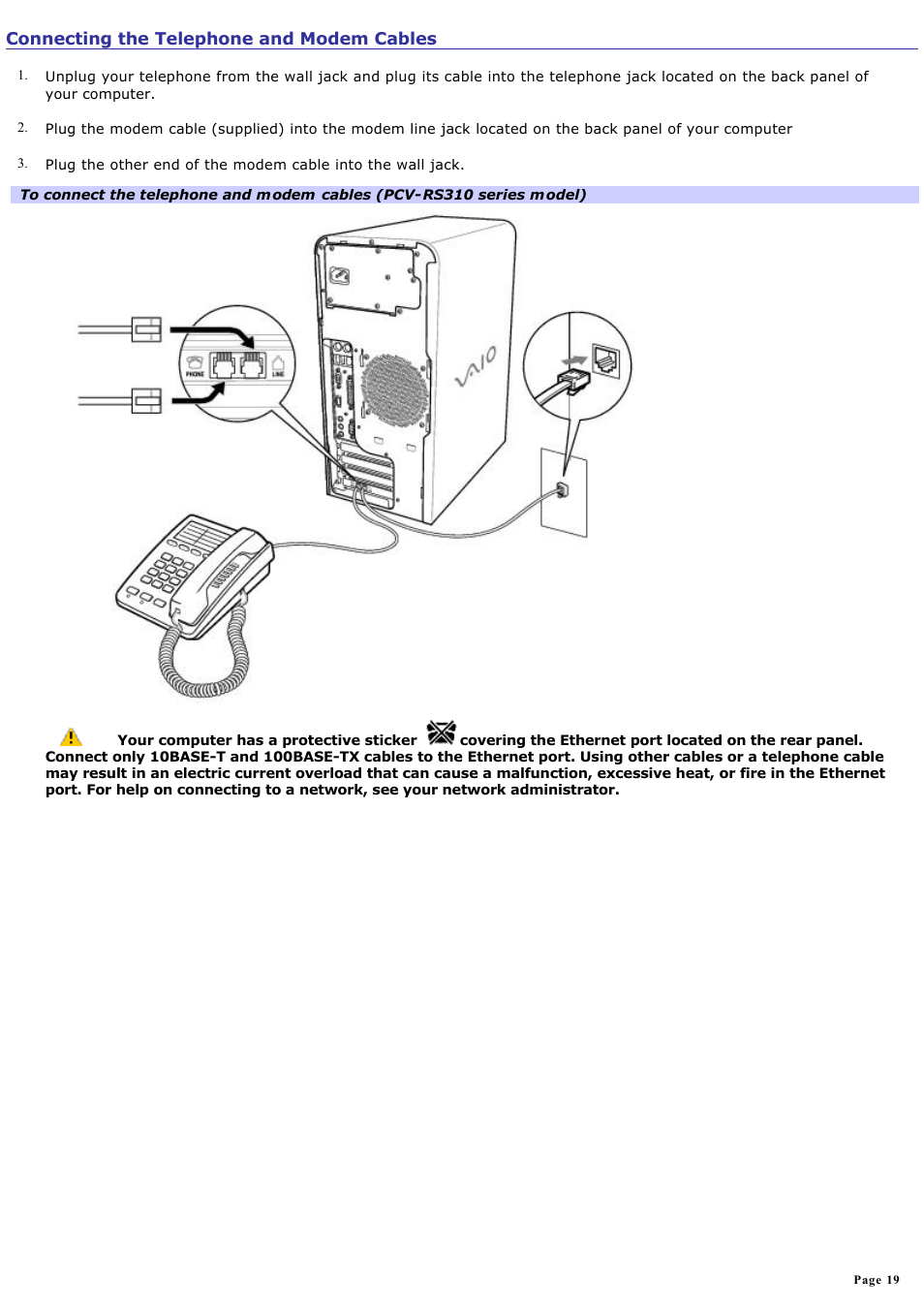 Connecting the telephone and modem cables | Sony PCV-RS321 User Manual | Page 19 / 161