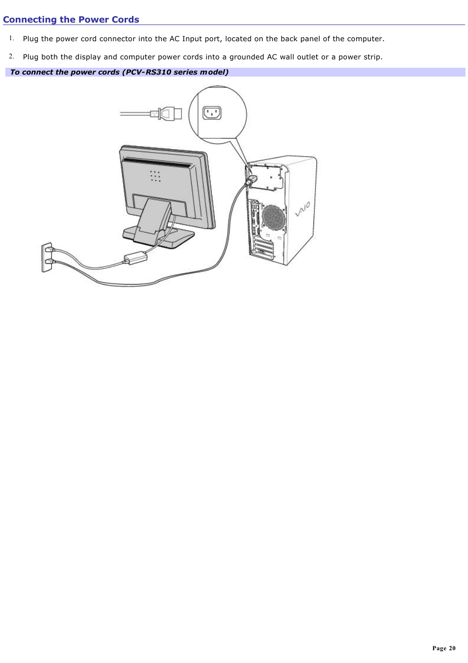 Connecting the power cords | Sony PCV-RS321 User Manual | Page 20 / 161