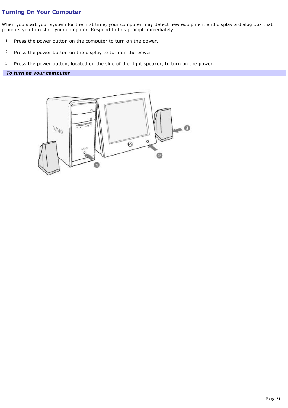 Turning on your computer | Sony PCV-RS321 User Manual | Page 21 / 161