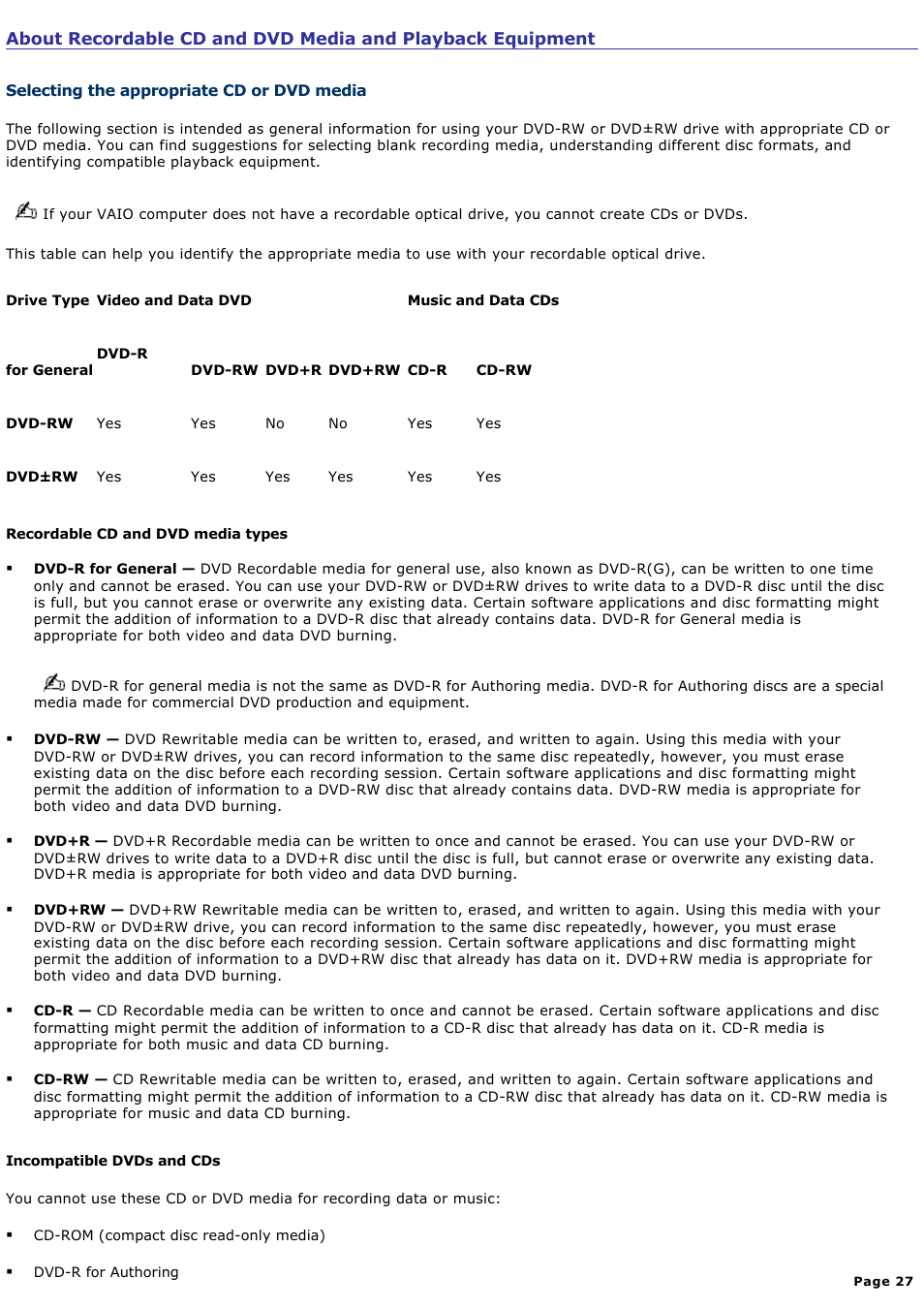 Selecting the appropriate cd or dvd media | Sony PCV-RS321 User Manual | Page 27 / 161