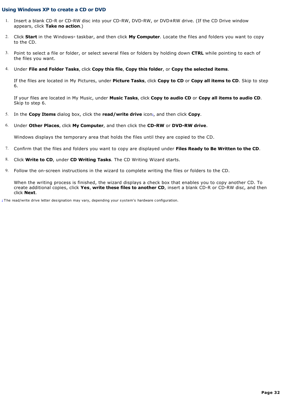 Using windows xp to create a cd or dvd | Sony PCV-RS321 User Manual | Page 32 / 161
