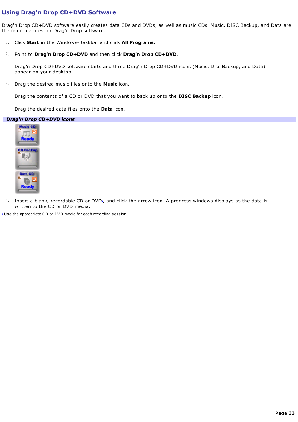 Using drag'n drop cd+dvd software | Sony PCV-RS321 User Manual | Page 33 / 161