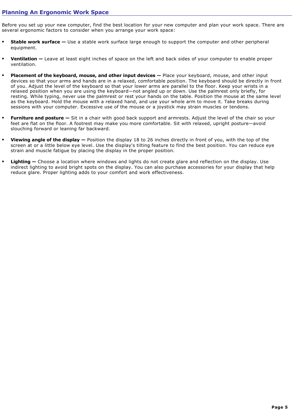 Planning an ergonomic work space | Sony PCV-RS321 User Manual | Page 5 / 161