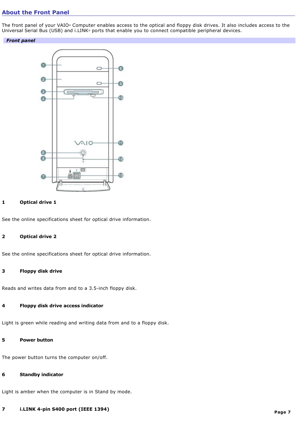 About the front panel | Sony PCV-RS321 User Manual | Page 7 / 161