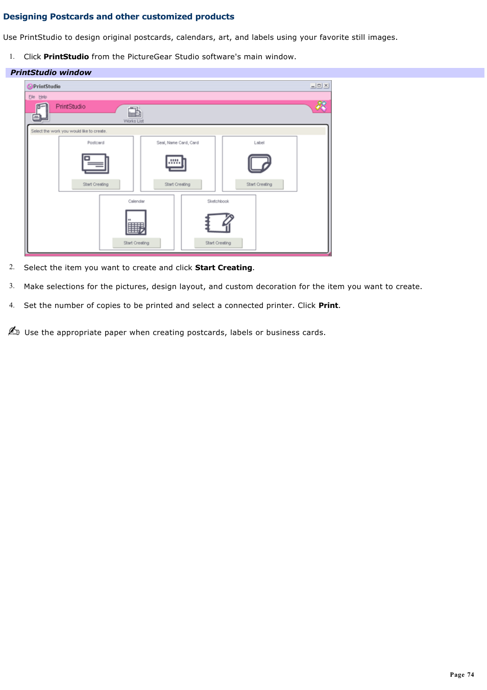 Designing postcards and other customized products | Sony PCV-RS321 User Manual | Page 74 / 161