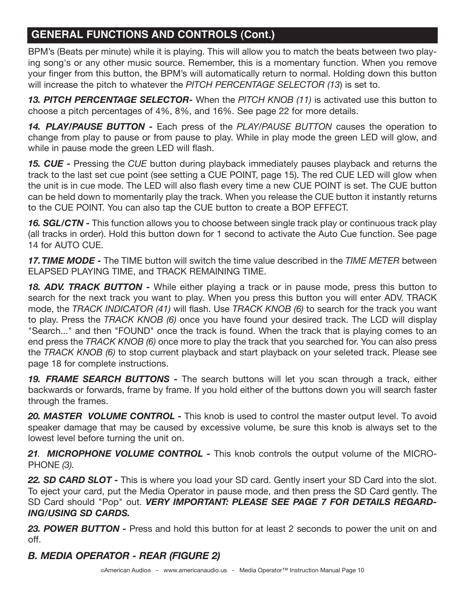 General functions and controls (cont.), B. media operator - rear (figure 2) | American Audio Media Operator User Manual | Page 10 / 26