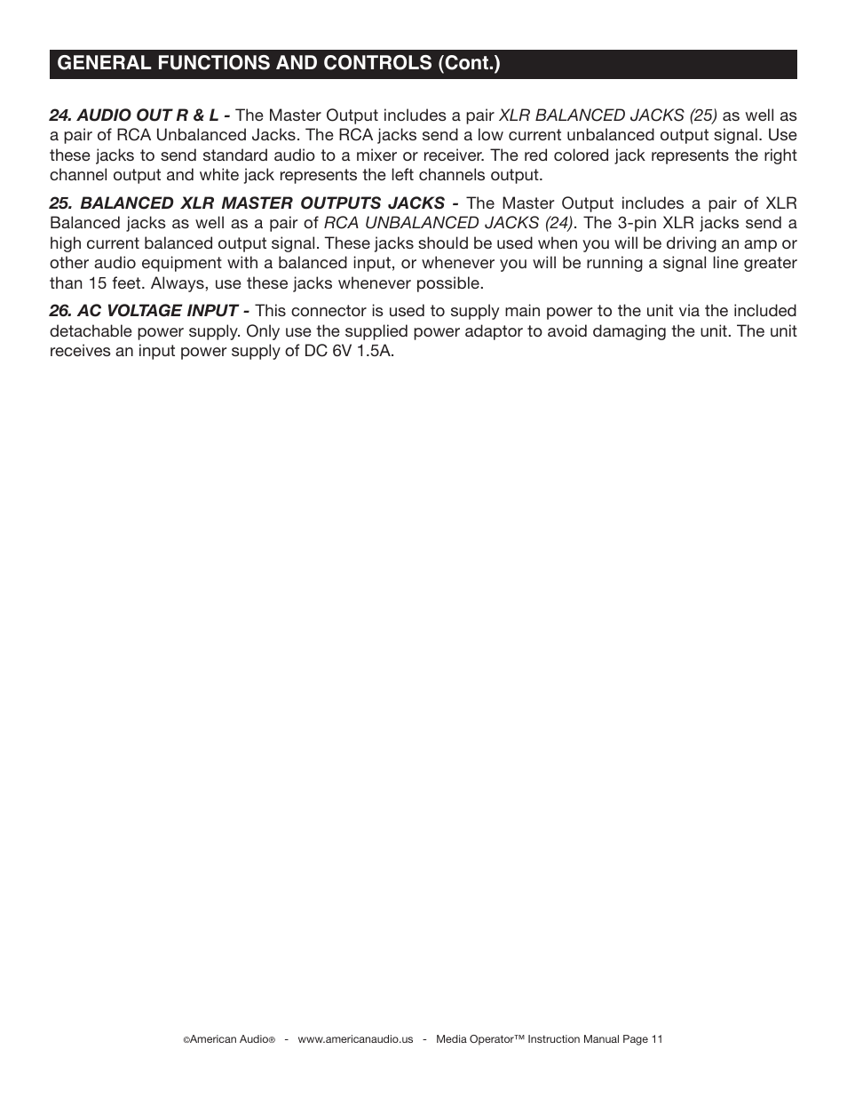 General functions and controls (cont.) | American Audio Media Operator User Manual | Page 11 / 26
