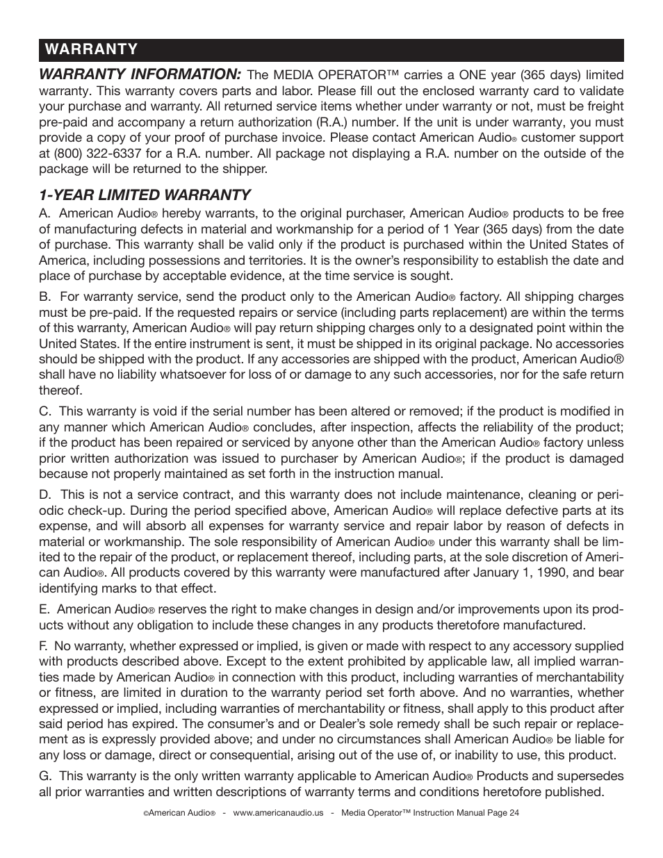 Warranty information, Year limited warranty, Warranty | American Audio Media Operator User Manual | Page 24 / 26