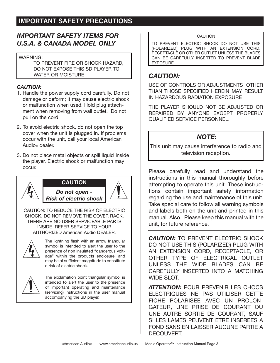 Caution, Important safety precautions | American Audio Media Operator User Manual | Page 3 / 26