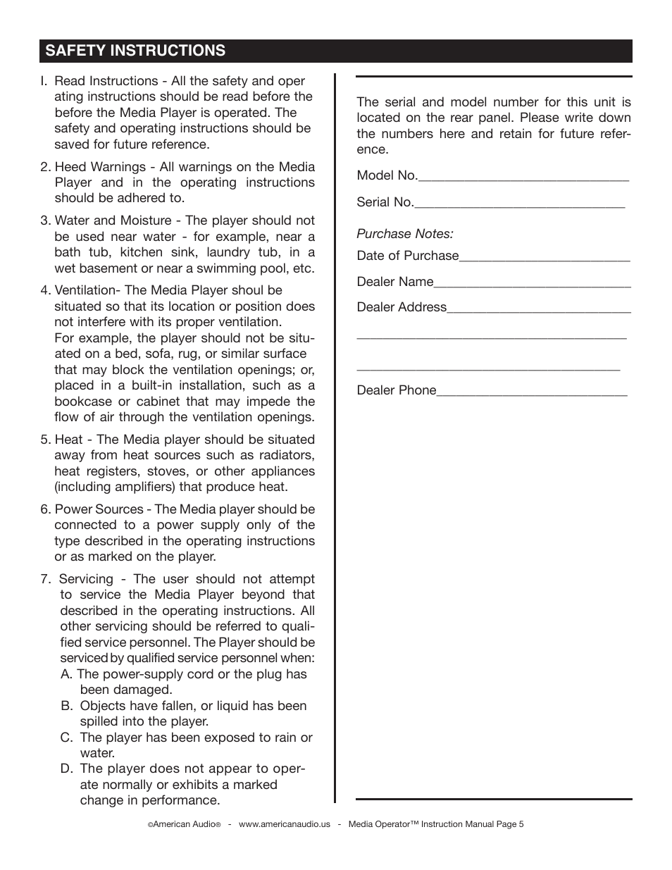 Safety instructions | American Audio Media Operator User Manual | Page 5 / 26