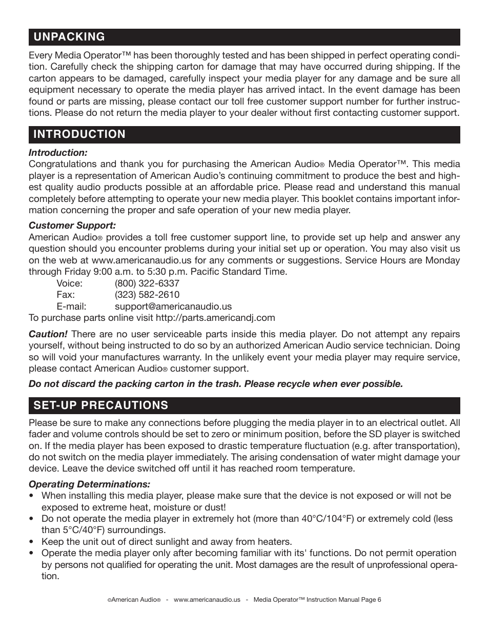 Introduction unpacking, Set-up precautions | American Audio Media Operator User Manual | Page 6 / 26