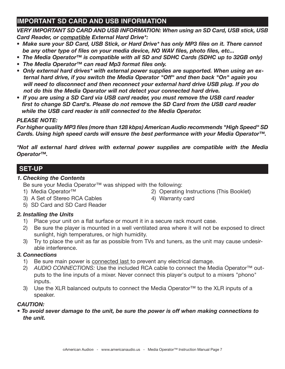 Set-up important sd card and usb information | American Audio Media Operator User Manual | Page 7 / 26