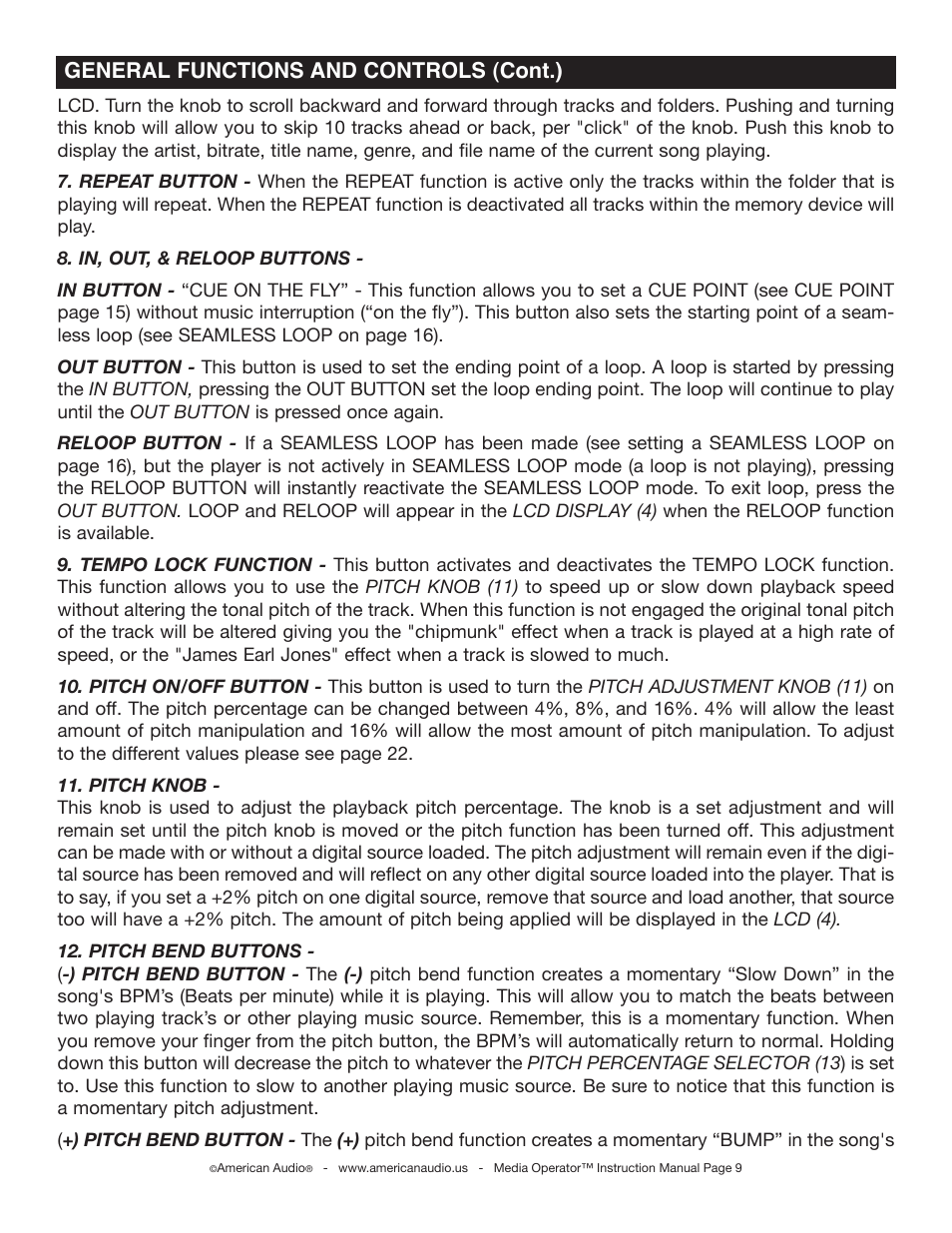 General functions and controls (cont.) | American Audio Media Operator User Manual | Page 9 / 26