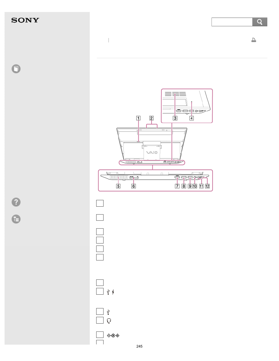 Parts and controls on the back, User guide, How to use | Troubleshooting list of topics, Vaio duo 13, Search | Sony SVD13213CYB User Manual | Page 245 / 484