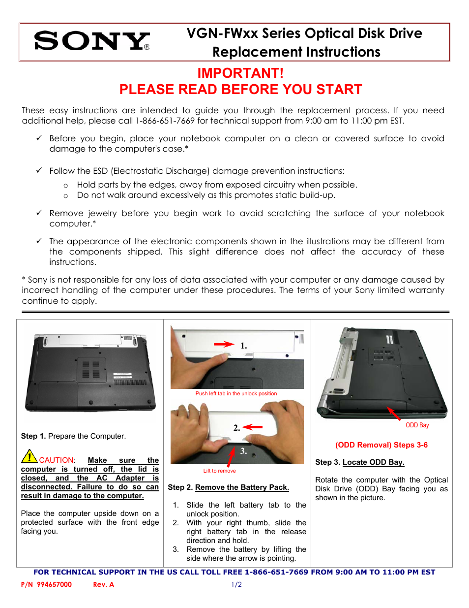 Sony VGN-FWxx Series Optical Disk Drive User Manual | 2 pages