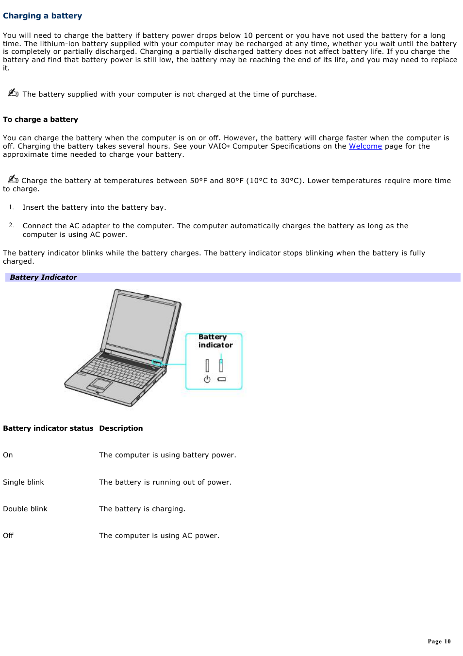 Charging a battery | Sony PCG-FRV25 User Manual | Page 10 / 124