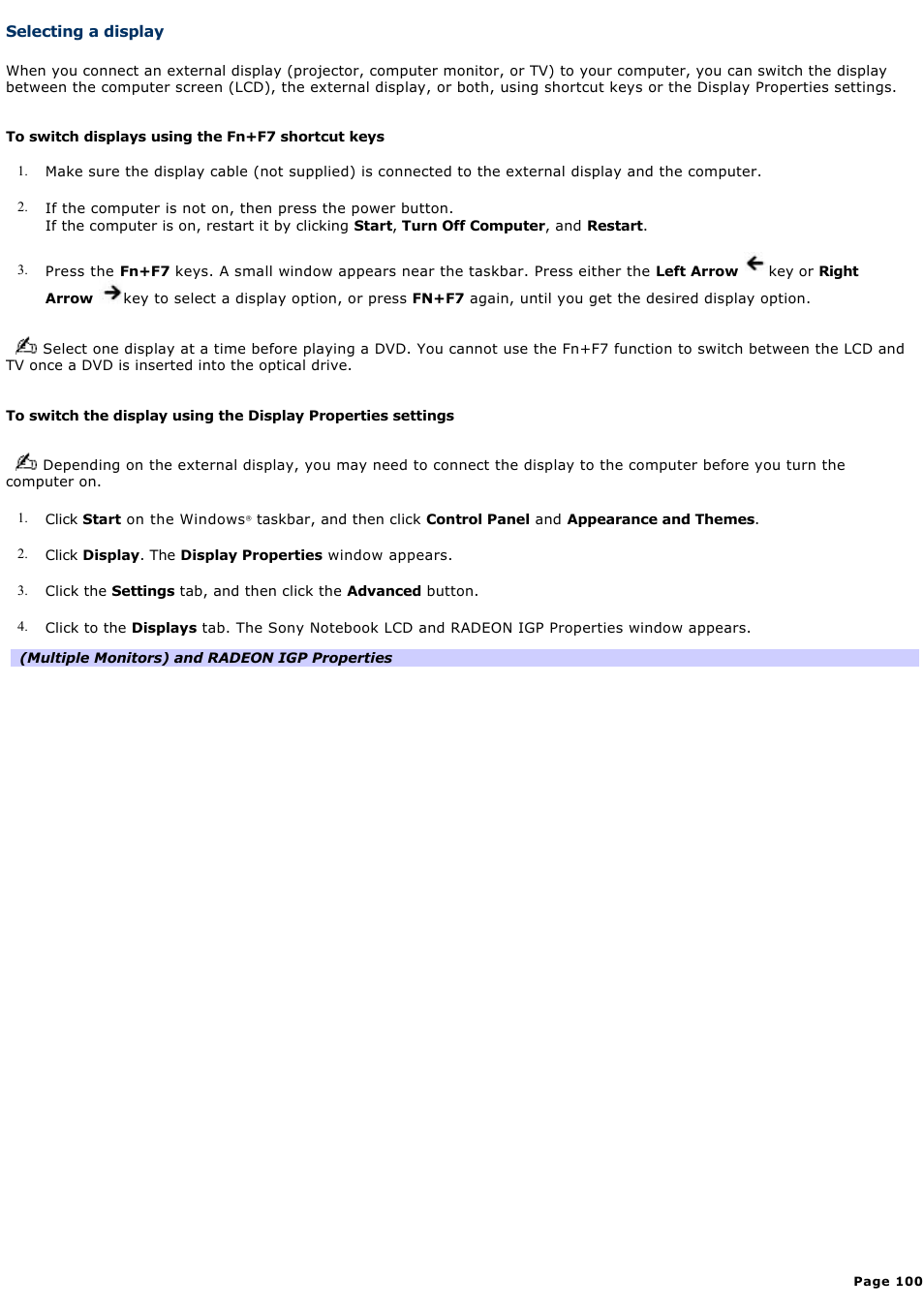 Selecting a display, For more, For more information | Sony PCG-FRV25 User Manual | Page 100 / 124