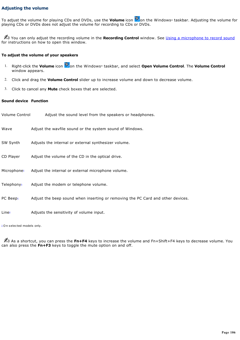 Adjusting the volume | Sony PCG-FRV25 User Manual | Page 106 / 124