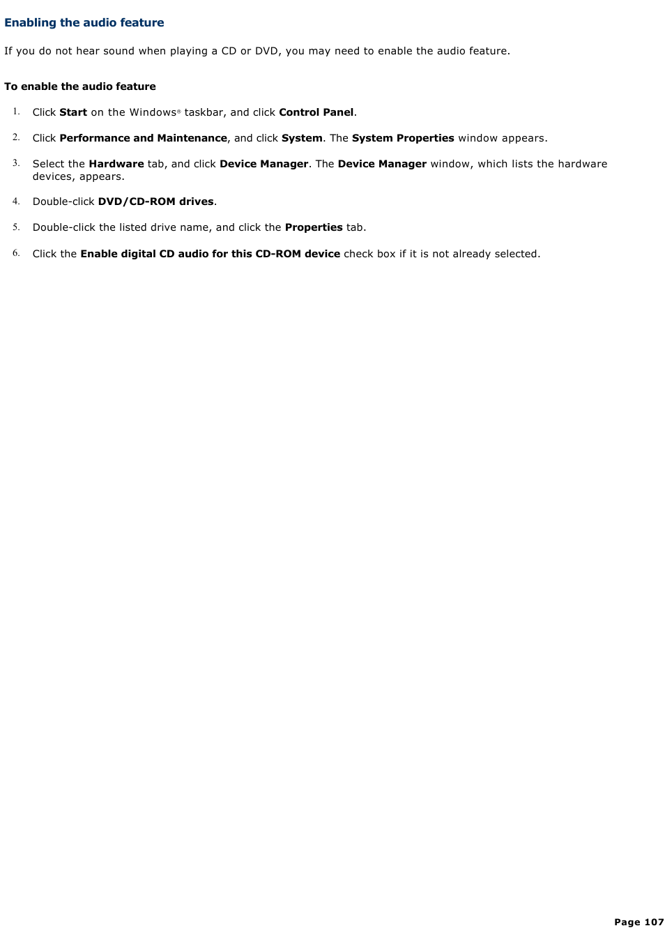 Enabling the audio feature | Sony PCG-FRV25 User Manual | Page 107 / 124