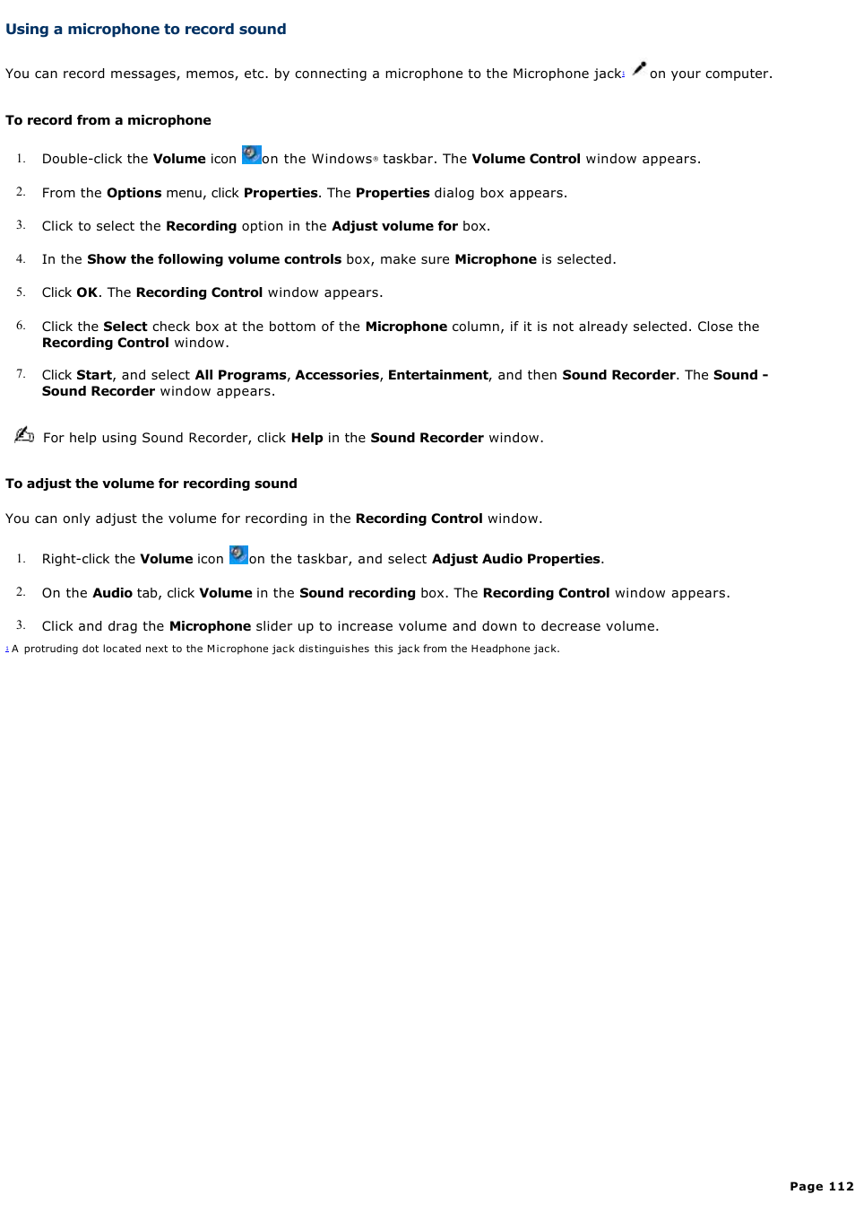 Using a microphone to record sound | Sony PCG-FRV25 User Manual | Page 112 / 124