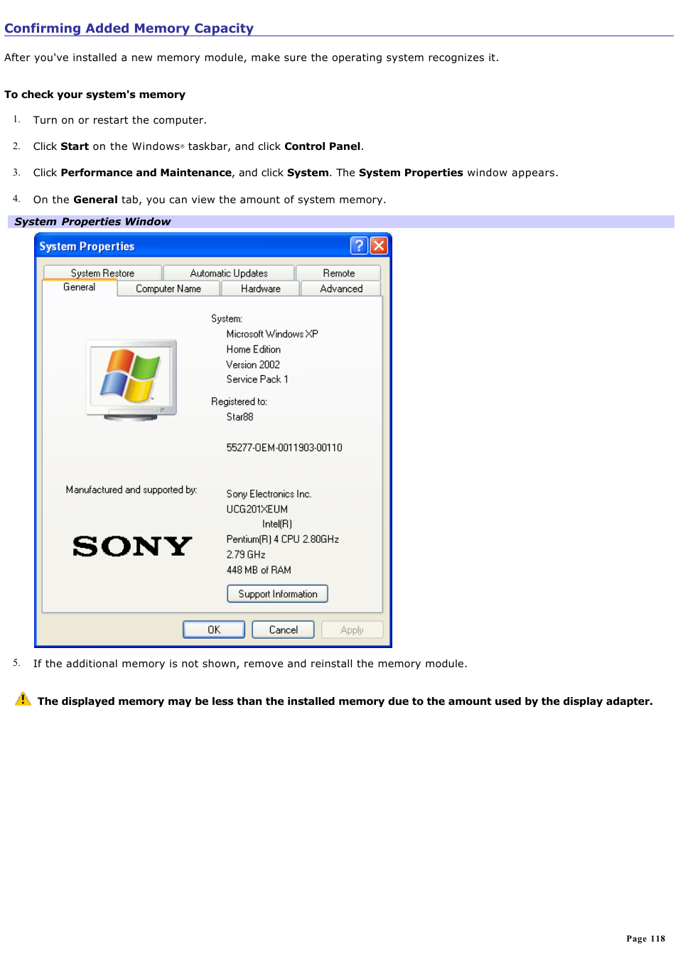 Confirming added memory capacity | Sony PCG-FRV25 User Manual | Page 118 / 124