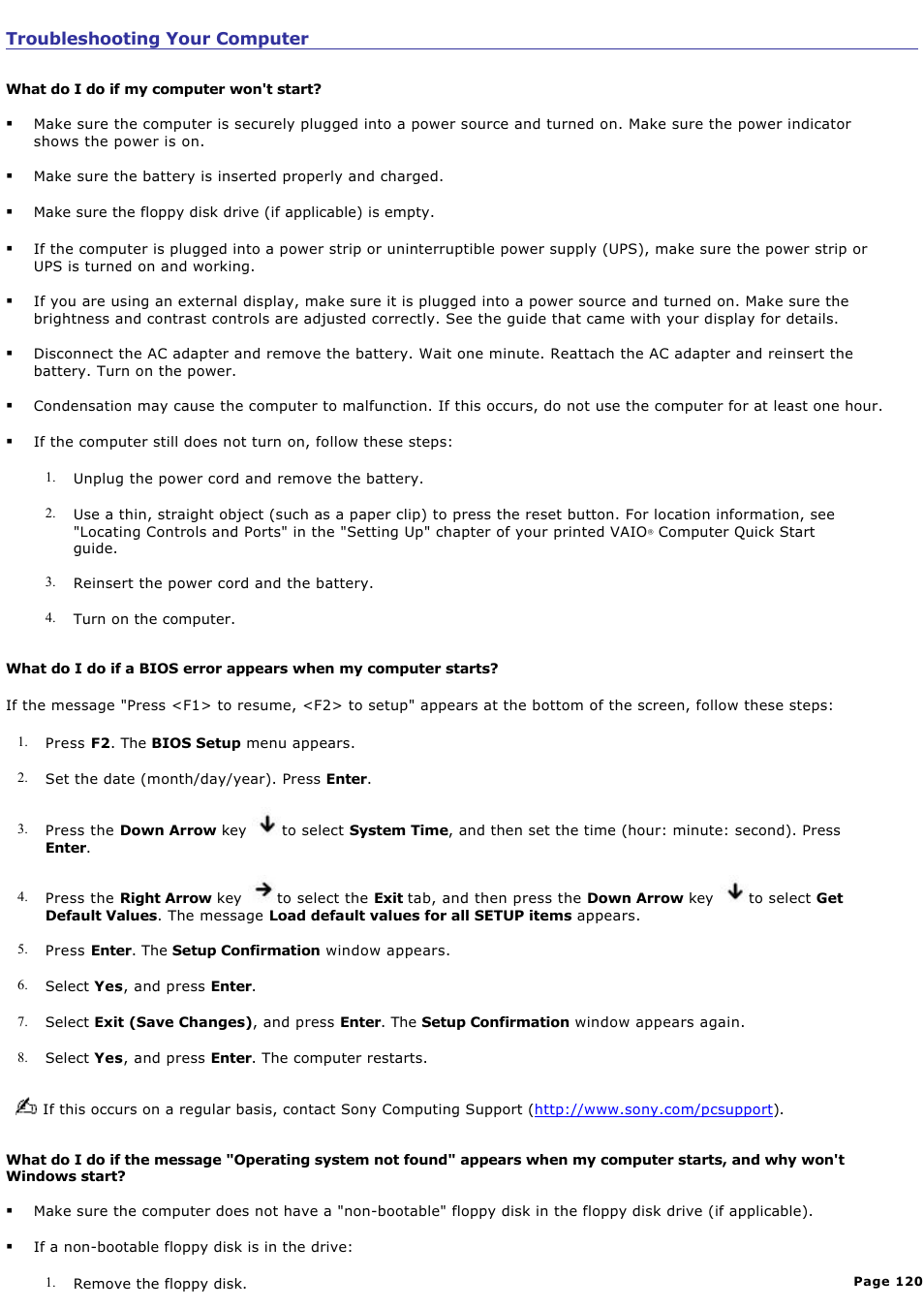 Troubleshooting your computer | Sony PCG-FRV25 User Manual | Page 120 / 124