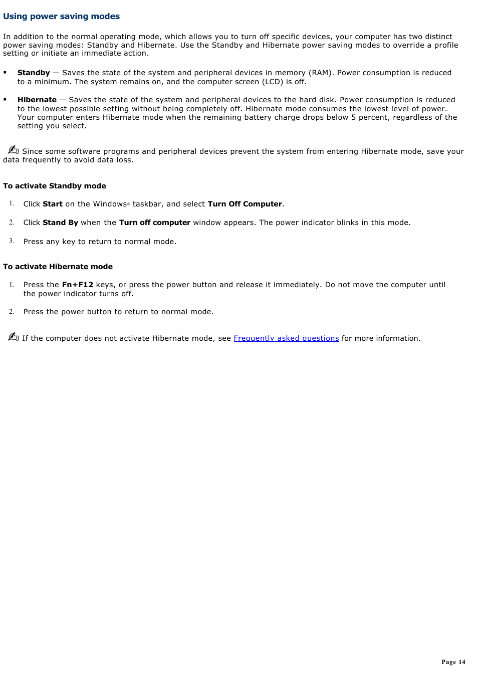 Using power saving modes | Sony PCG-FRV25 User Manual | Page 14 / 124