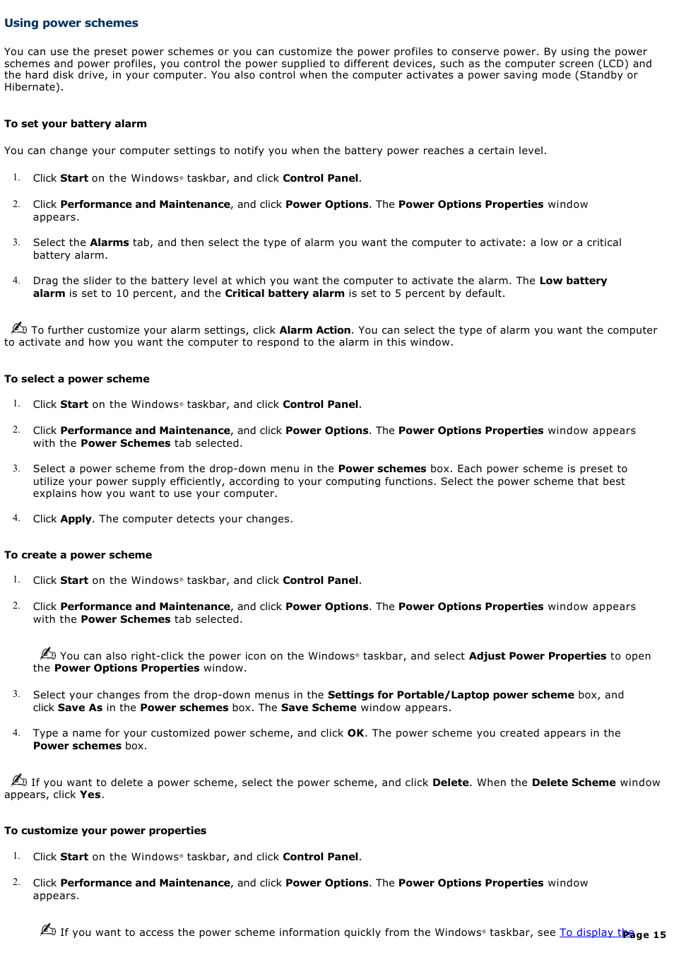 Using power schemes | Sony PCG-FRV25 User Manual | Page 15 / 124