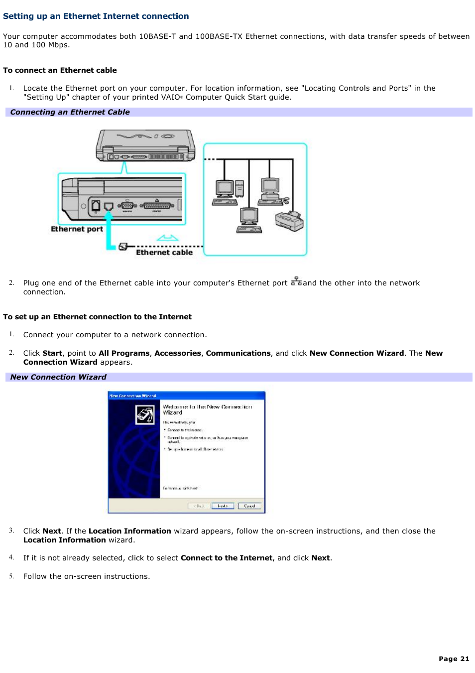 Setting up an ethernet internet connection | Sony PCG-FRV25 User Manual | Page 21 / 124