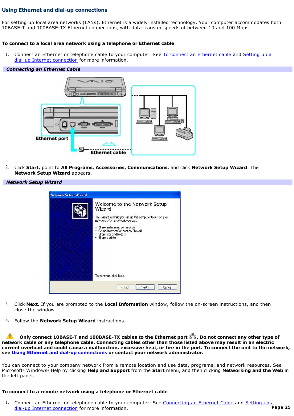 Using ethernet and dial-up connections | Sony PCG-FRV25 User Manual | Page 25 / 124