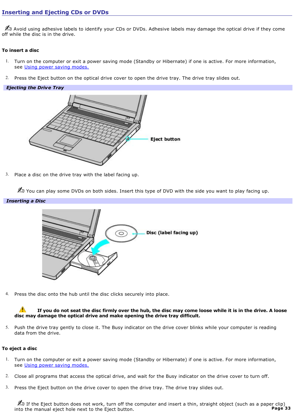 Inserting and ejecting cds or dvds | Sony PCG-FRV25 User Manual | Page 33 / 124