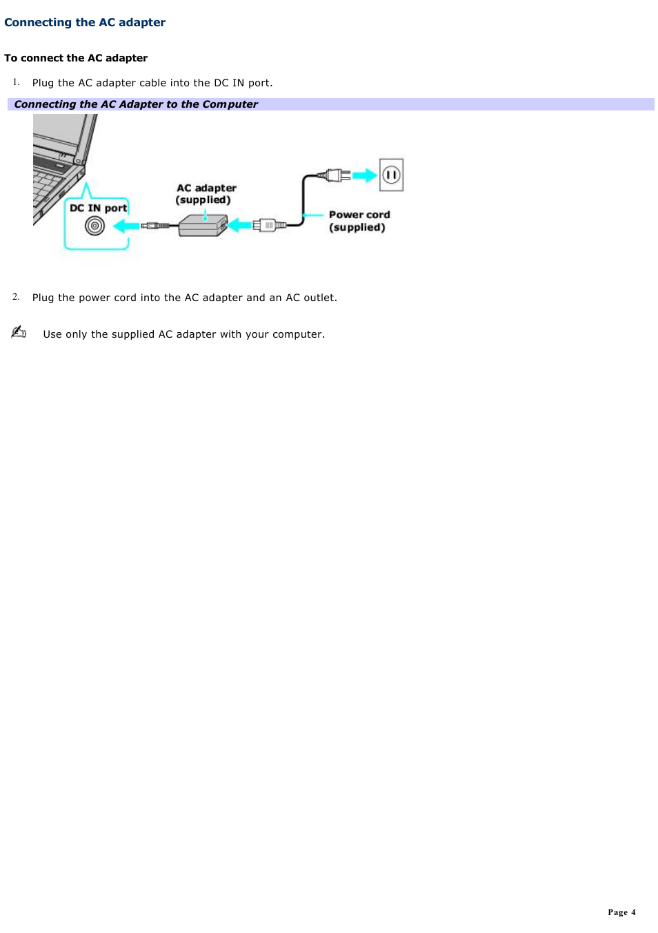 Connecting the ac adapter | Sony PCG-FRV25 User Manual | Page 4 / 124