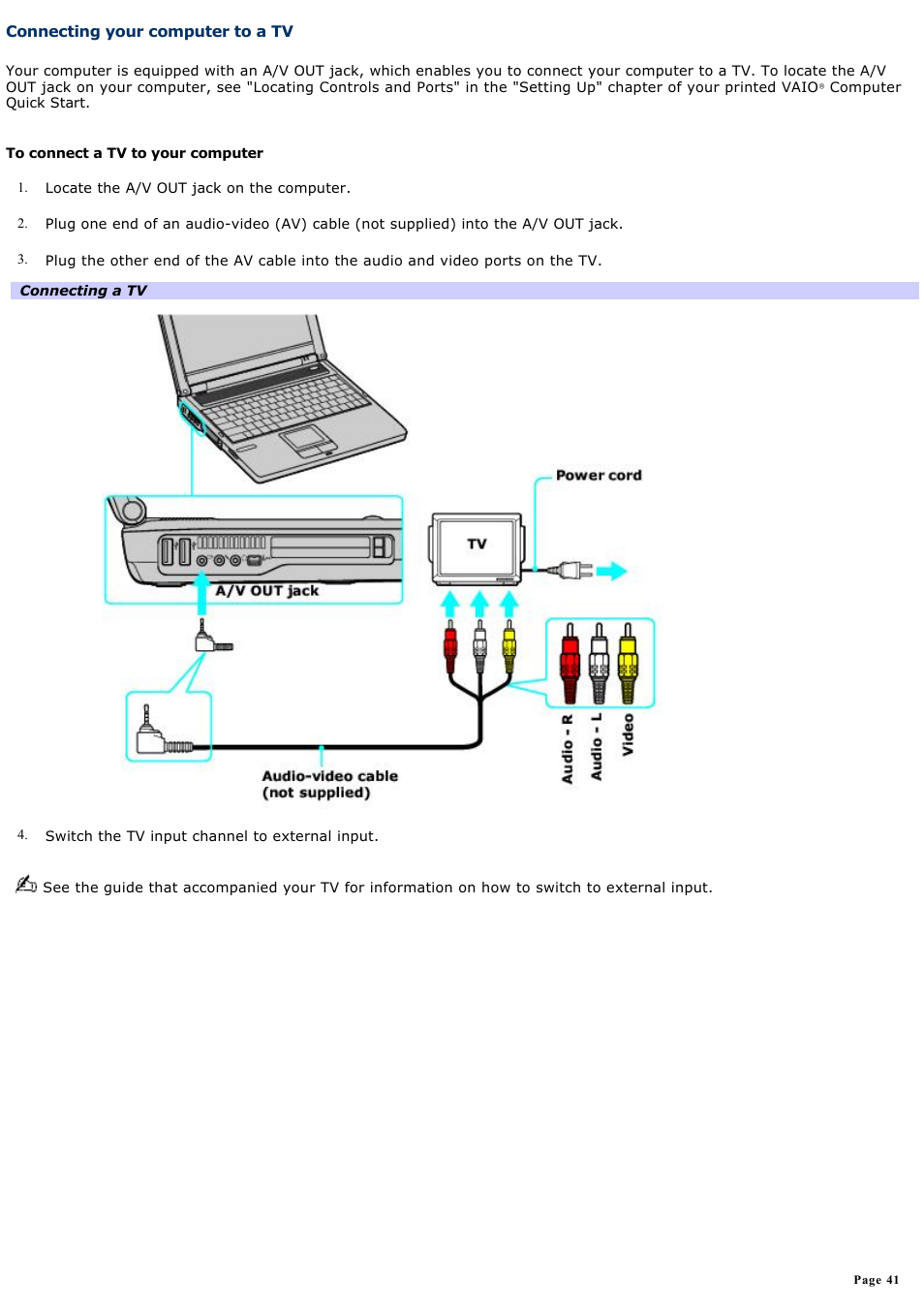 Connecting your computer to a tv | Sony PCG-FRV25 User Manual | Page 41 / 124