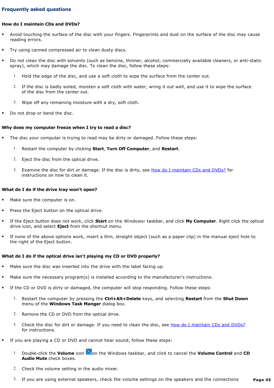 Frequently asked questions | Sony PCG-FRV25 User Manual | Page 45 / 124