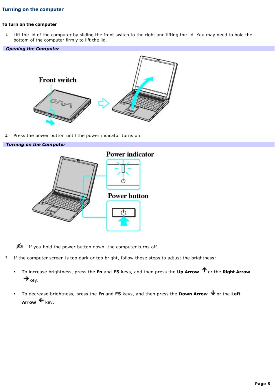 Turning on the computer | Sony PCG-FRV25 User Manual | Page 5 / 124