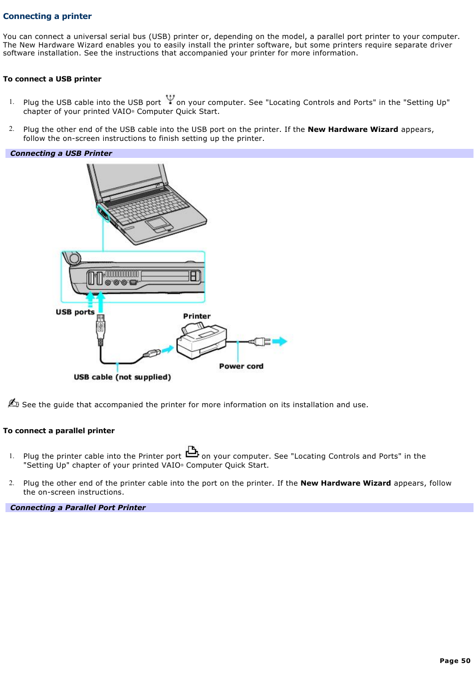 Connecting a printer | Sony PCG-FRV25 User Manual | Page 50 / 124