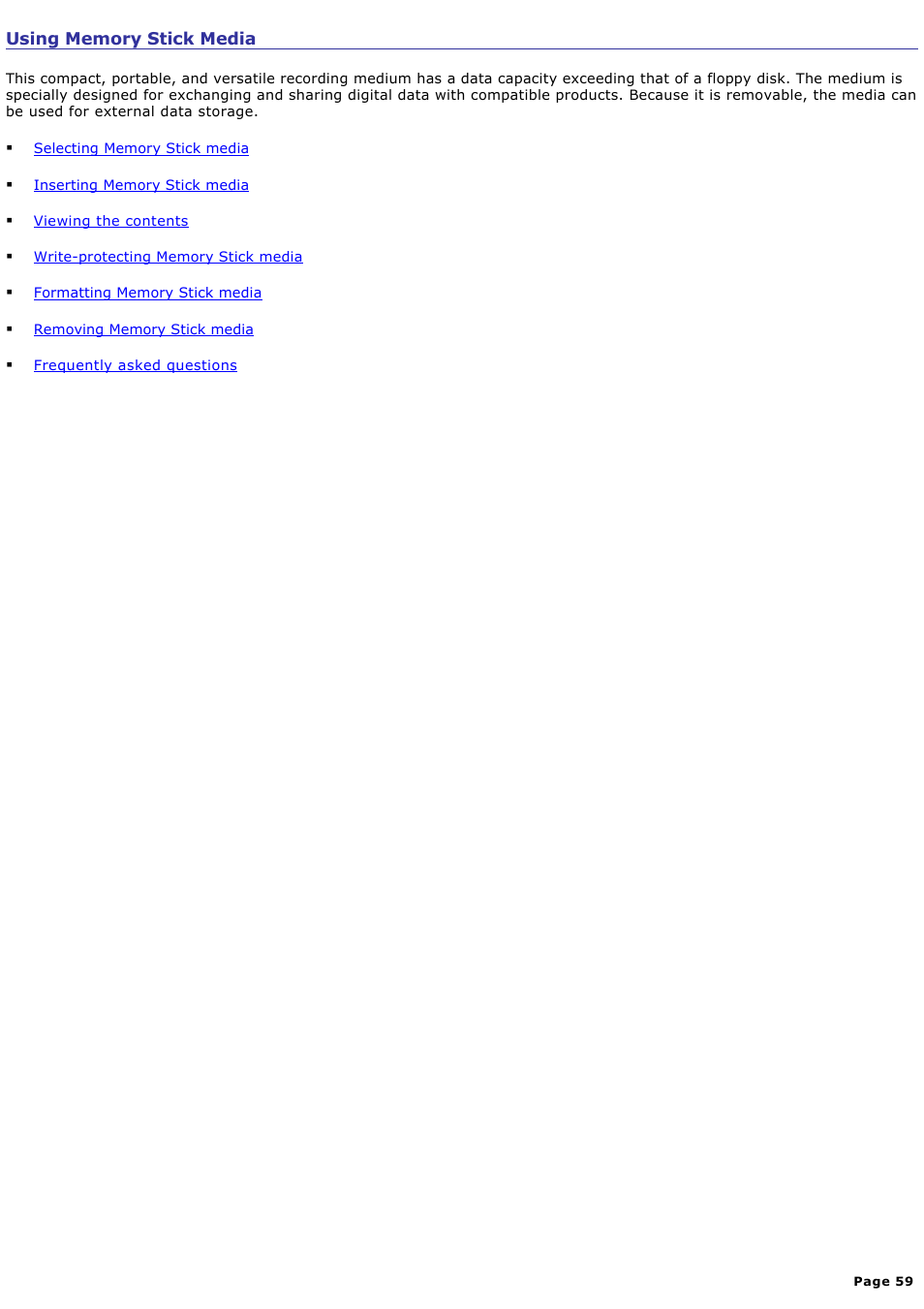 Using memory stick media | Sony PCG-FRV25 User Manual | Page 59 / 124