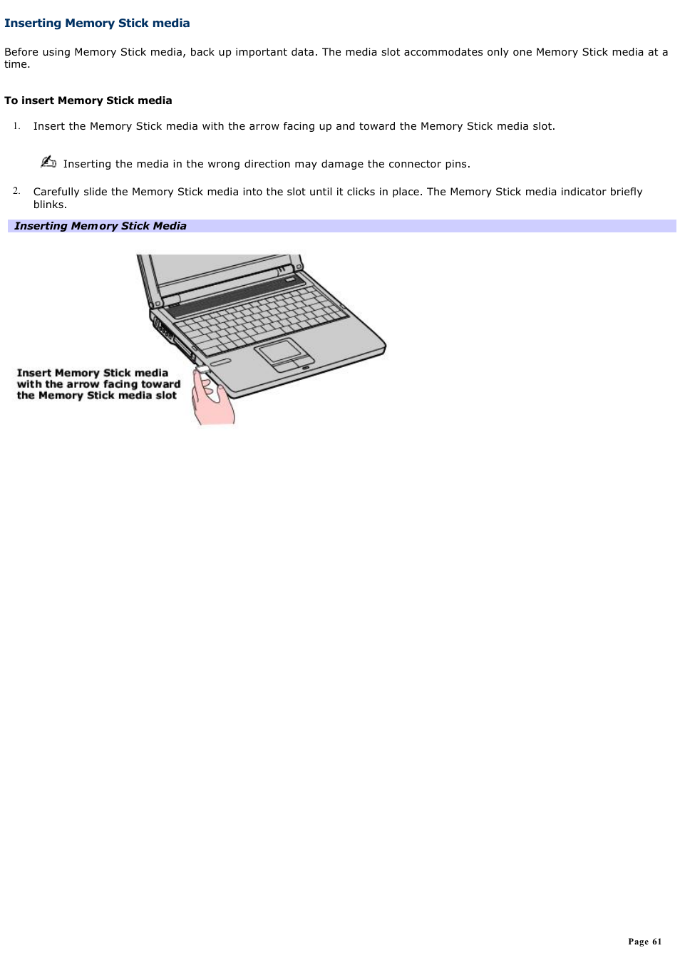 Inserting memory stick media | Sony PCG-FRV25 User Manual | Page 61 / 124