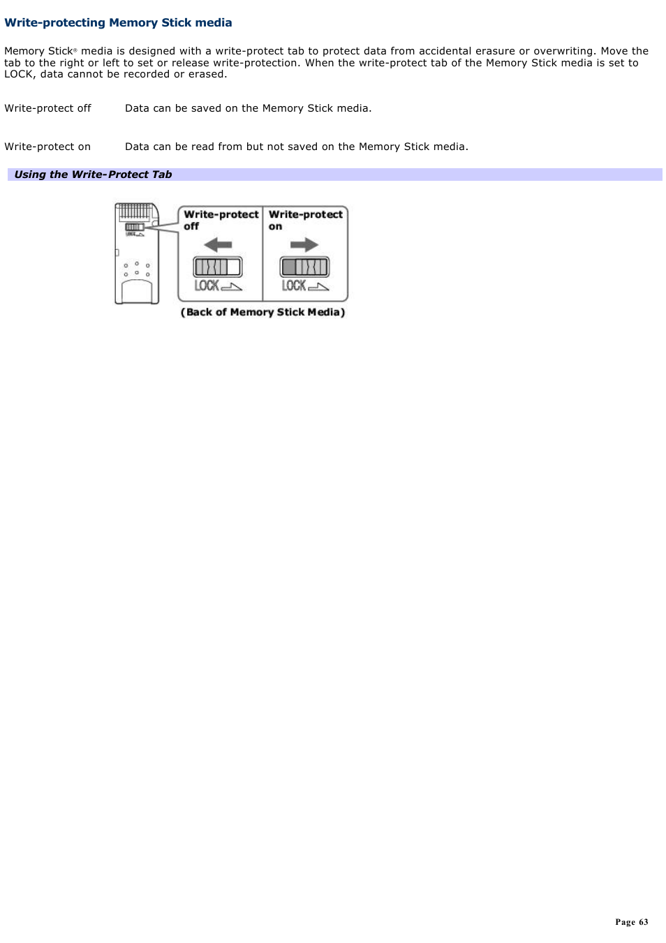 Write-protecting memory stick media | Sony PCG-FRV25 User Manual | Page 63 / 124